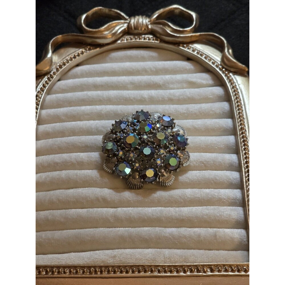 Vtg Coro Pegasus Aurora Borealis Rhinestone AB Crystal Dome Round